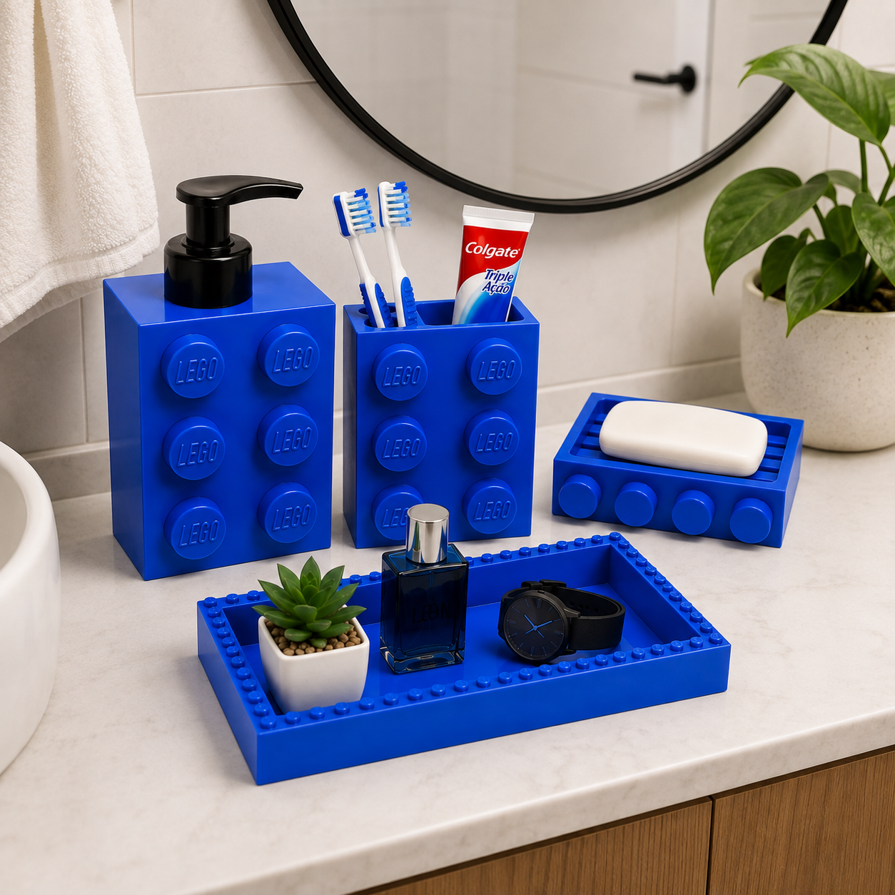 Kit organizador azul da Trevox Shop sobre uma bancada de banheiro